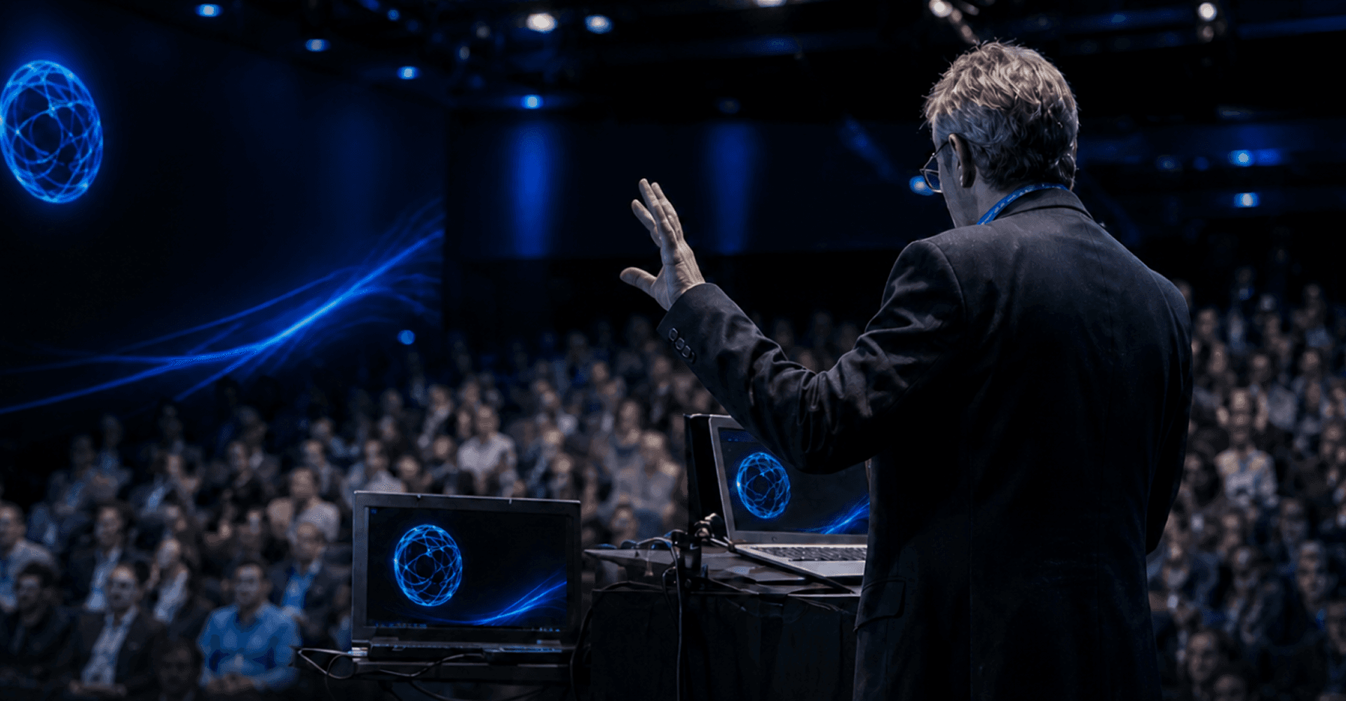 A speaker presenting on stage to a conference audience at GETC