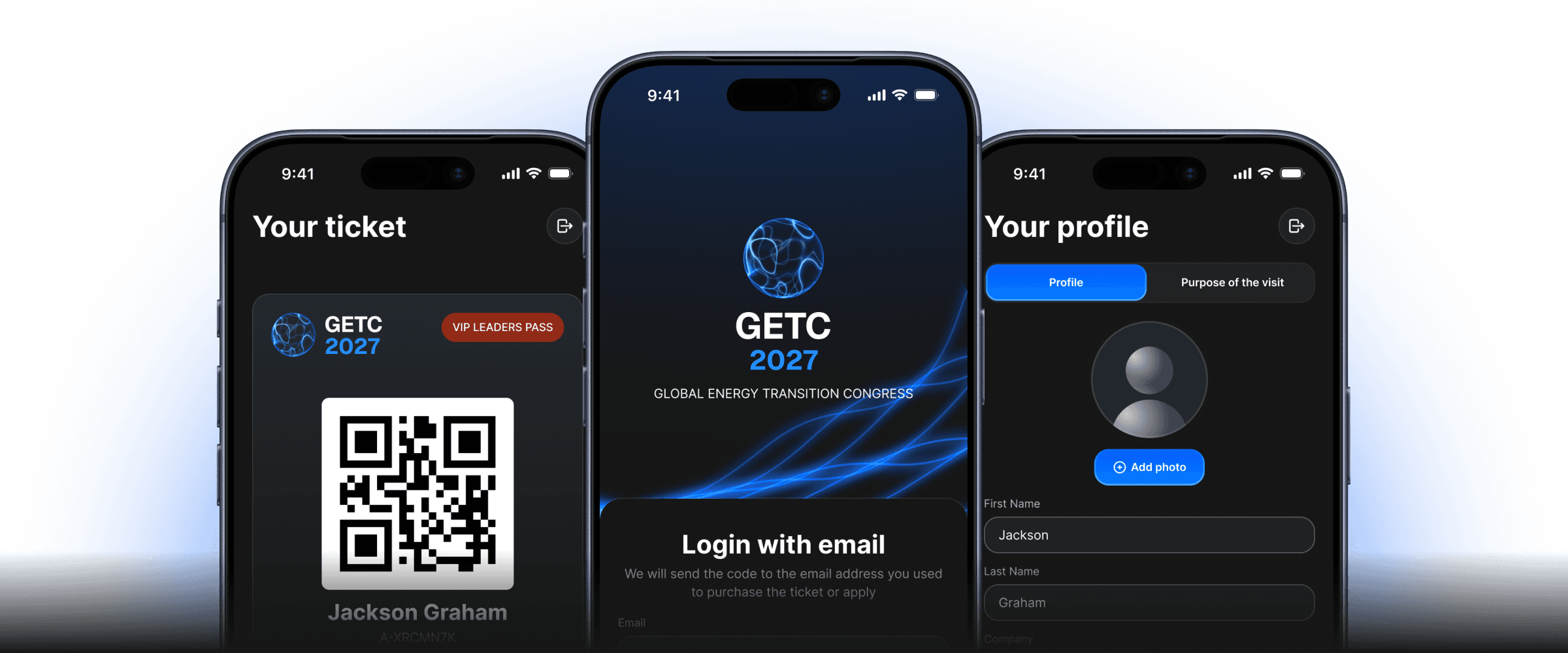 GETC app screens showing ticket, schedule, networking and venue map